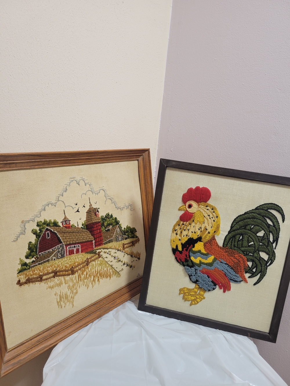 Vintage Red Rooster and Barn Farm Embroidery Duo